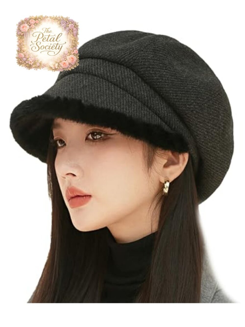 Fleece Lined Beret Hat Polyester Fur Trim Newsboy Cap